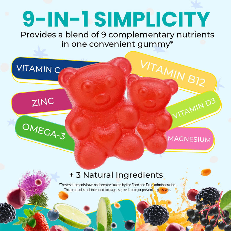 Zeolite Kids Detox Gummies,Zeolite Detox for Kids & Adults,9-in-1 All in One Daily Kids Supplement with Zeolite,Elderberry,Omega-3,Magnesium,Vitamin,Milk Thistle,Zinc,B12,Sugar Free 60 Gummies