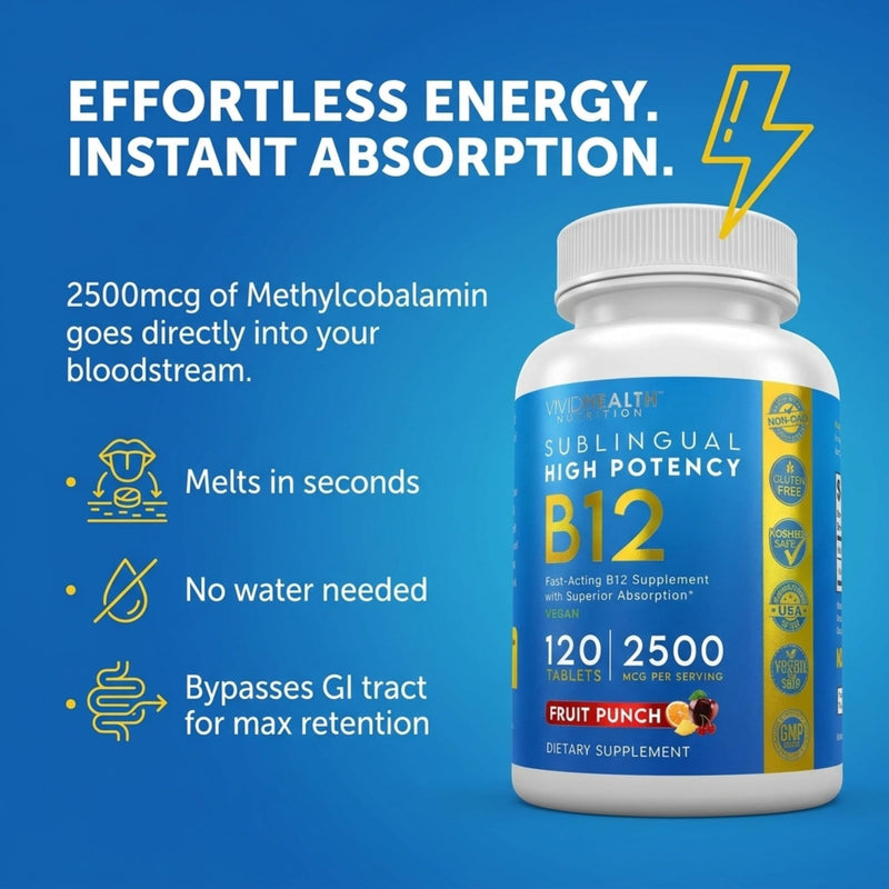 Vitamin B12 Sublingual: High Potency, Vegan B-12 with Methylcobalamin 120ct | Energy Boosting, Quick Dissolve Tablets for Metabolic & Brain Support with Refreshing Fruit Punch Flavor