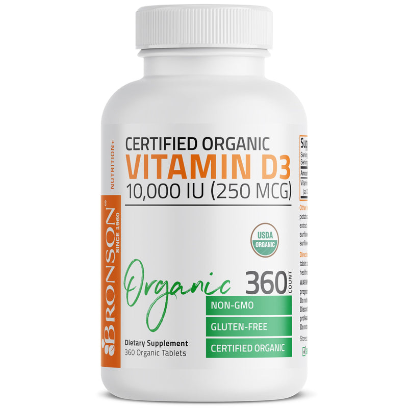 Bronson Vitamin D3 10,000 IU (250 mcg), USDA Certified Organic, 360 Tablets | Bone, Muscle, Immune & Nervous System Support, Non-GMO, Gluten-Free, Soy-Free, Wheat-Free & Nut-Free 360 Count (Pack of 1)