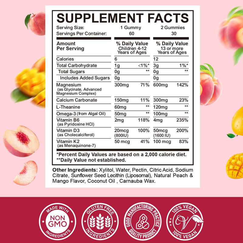 Liposomal Kids Magnesium Gummies- Magnesium Glycinate Gummies for Kids Supplement-w/Omega-3, Vitamin B6, D3- Support Calm Stress Relief, Bones, Mood, Peach & Mango Flavor, 60 Count 60 Count (Pack of 1)