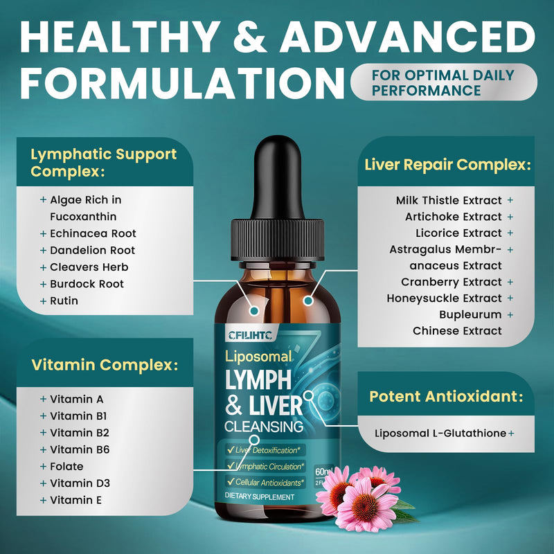 Liposomal Lymphatic Drainage Drops - 21 in 1 Liver Cleanse Detox & Repair with Milk Thistle, Echinacea, Burdock Root, Liposomal Glutathione, Vitamin Complex ''Lymph-Liver'' Gut & Metabolic Health Unflavoured 2 Fl Oz (Pack of 1)
