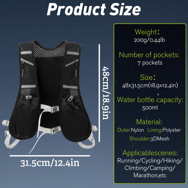 Hydration Vest for Women & Men – Lightweight Running Backpack with 500ml Soft Flask, Adjustable & Breathable, Reflective Gear with 7 Pockets for Marathon, Hiking, Cycling