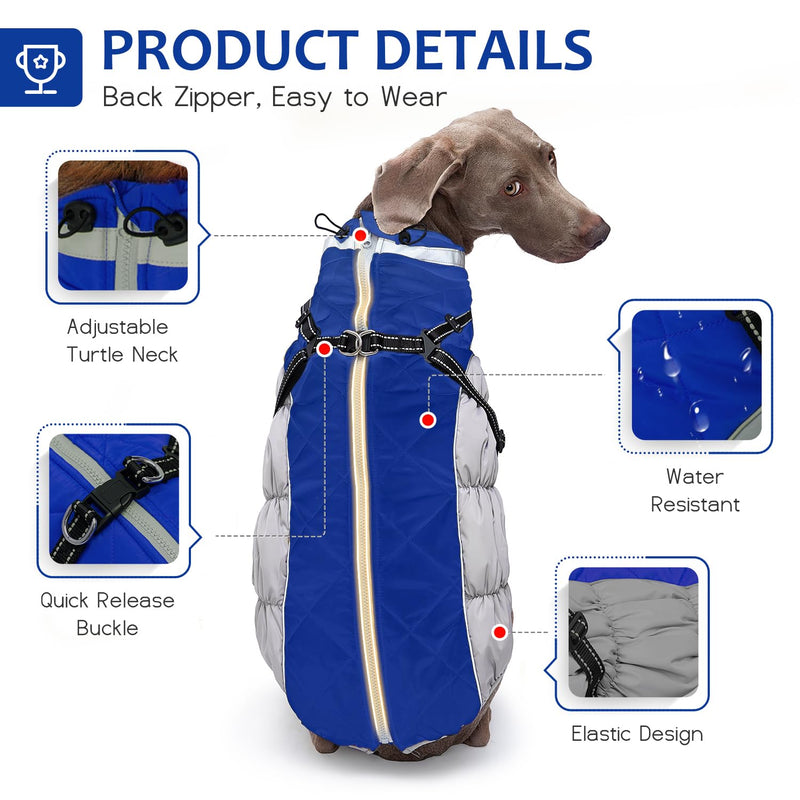 Dog Winter Coat with Harness, Dog Jacket, Dog Clothes with Zipper on Back, Waterproof Windproof Warm Vest, Reflective Cold Weather Coats, for Small Medium Large Dogs, Thick (Blue,L) L(Chest Girth:25.19"/64CM) Blue - BeesActive Australia