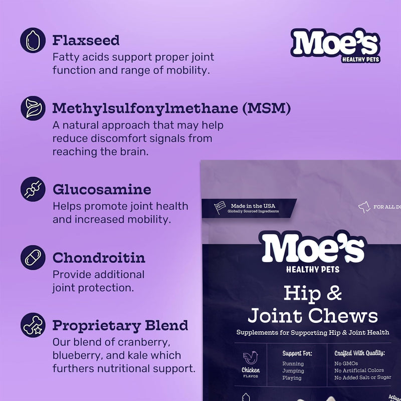 Moe's Glucosamine Dog Joint Supplement + Glucosamine, Chondroitin, Hyaluronic Acid, Vitamin C, E – Bone Health - Joint Pain Relief - Advanced Hip & Joint Care - 90 Chews - Made in USA – All Breeds - PawsPlanet Australia