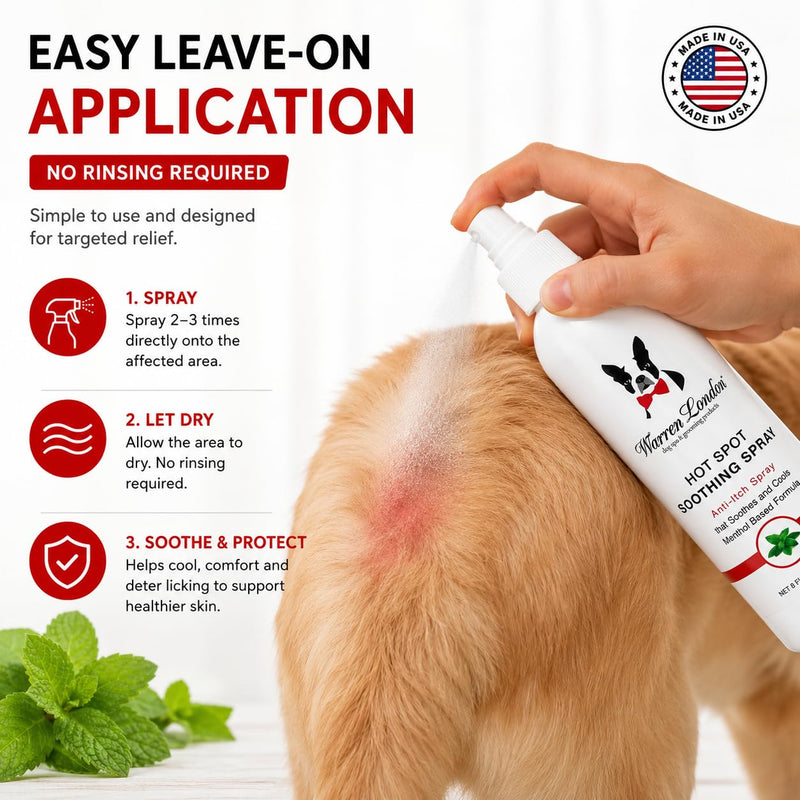 Warren London Dog Hot Spot Soothing Spray, Cooling Anti-Itch Spray with Menthol, Bitter Lick & Chew Deterrent for Dry Itchy Skin & Irritated Areas, Made in USA, 8 oz