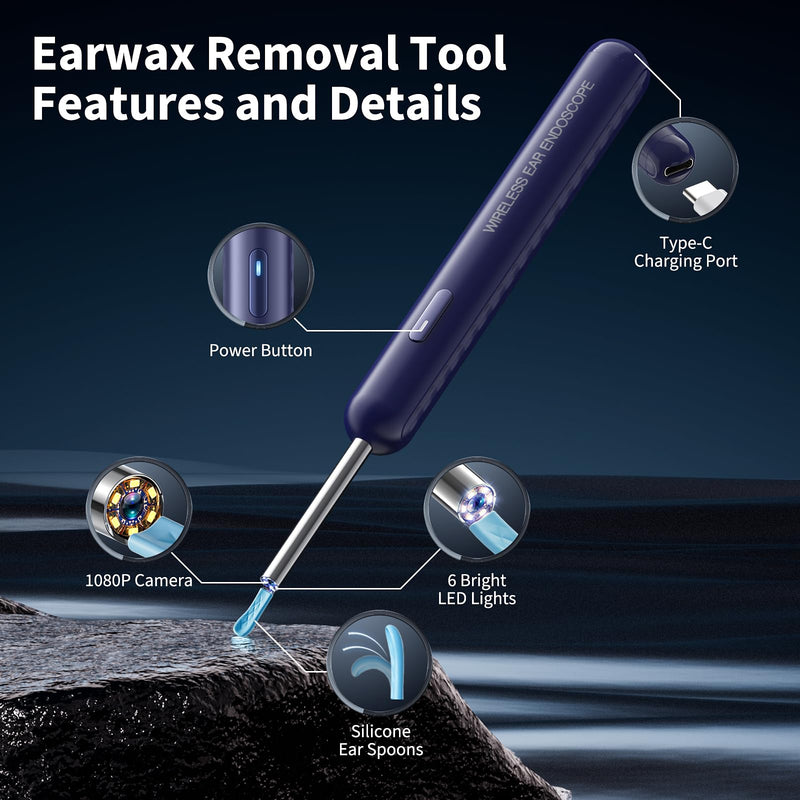 Ear Wax Removal, Ear Cleaner with Camera and Light, Ear Wax Removal Kit with 8 Pcs Set, Ear Wax Removal Tool Camera with 1080P, Ear Cleaning Kit with 6 Spoons, Ear Camera for iOS & Android (Blue) Blue - BeesActive Australia