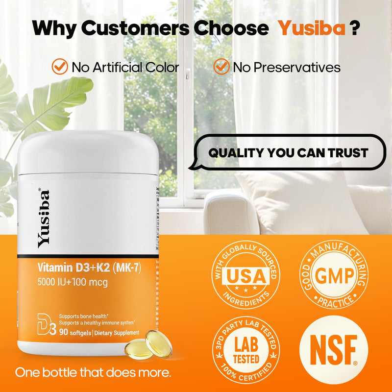 Vitamin D3 K2, Vitamin D3 5000 IU & Vitamin K2 All-Trans MK7 100 mcg | 2-in-1 K2 D3, Vitamin Supplement for Bone Health, Immune Support and Calcium Absorption, 90 Softgels
