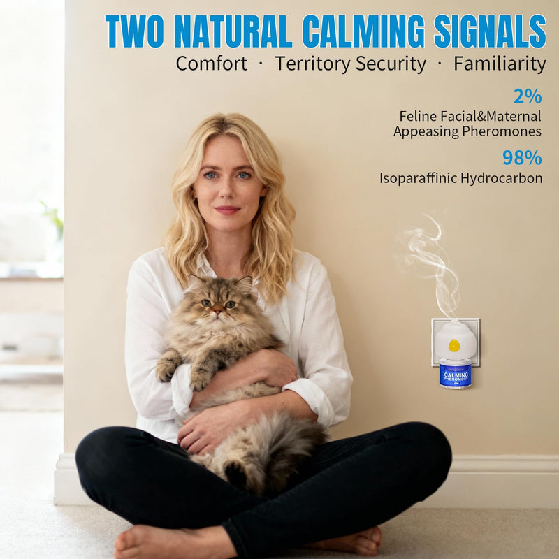 Cat Calming Diffuser Pheromones Effectively Relieve Anxiety Stress Cat Pheromones Calming Diffuser Refill Comfort for Cats Reduce Fighting Spraying Scratching Calm Relaxing, 2 Diffuser + 4 Refills