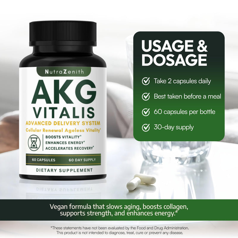 AKG Anti-Aging & Energy Boost Supplement with Vitamin B6, Vitamin C & L-Arginine – 60 Capsules for Youthful Skin, Cellular Renewal & Vitality Support