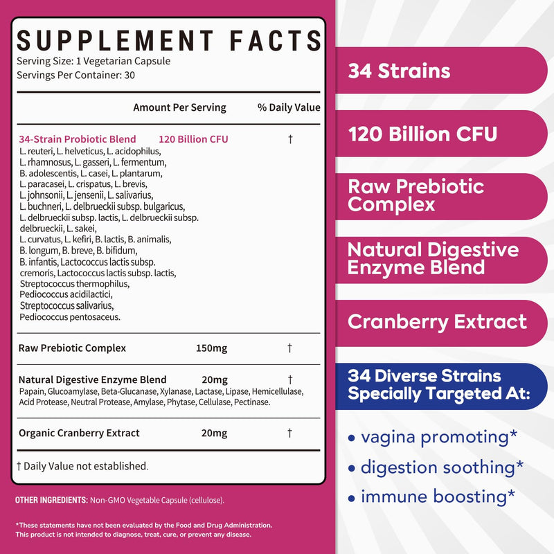 Probiotics for Women, 120 Billion CFU 34 Strains, Prebiotics, Digestive Enzymes, Cranberry, 4-in-1 Feminine Probiotic, Digestive, Vaginal, Immune Support, 60ct (Pack of 2) 30 Count (Pack of 2)