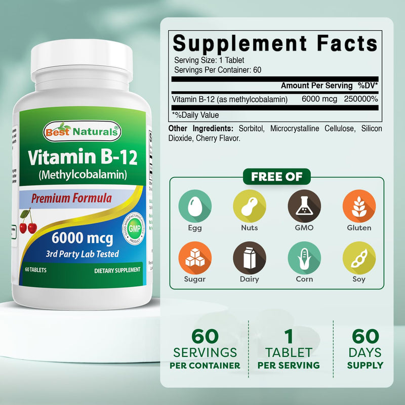 Best Naturals Vitamin B-12 as Methylcobalamin (Methyl B12), 6000 mcg 60 Sublingual Tablets (60 Count (Pack of 2)) Cherry 60 Count (Pack of 2)