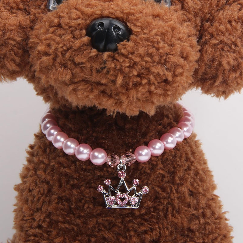 Dog Cat Pearls Necklace Collar with Rhinestones Crown Charm Pendant Pet Puppy Jewelry (L, Pink) L - BeesActive Australia