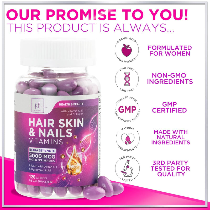 Hair Vitamins for Women for Hair Growth - Argan-Infused Supplement with Collagen, Biotin and Hyaluronic Acid - Supports Faster Hair Growth, Skin & Nails Beauty Vitamins, Bottled in USA - 120 Softgels 120 Count (Pack of 1)