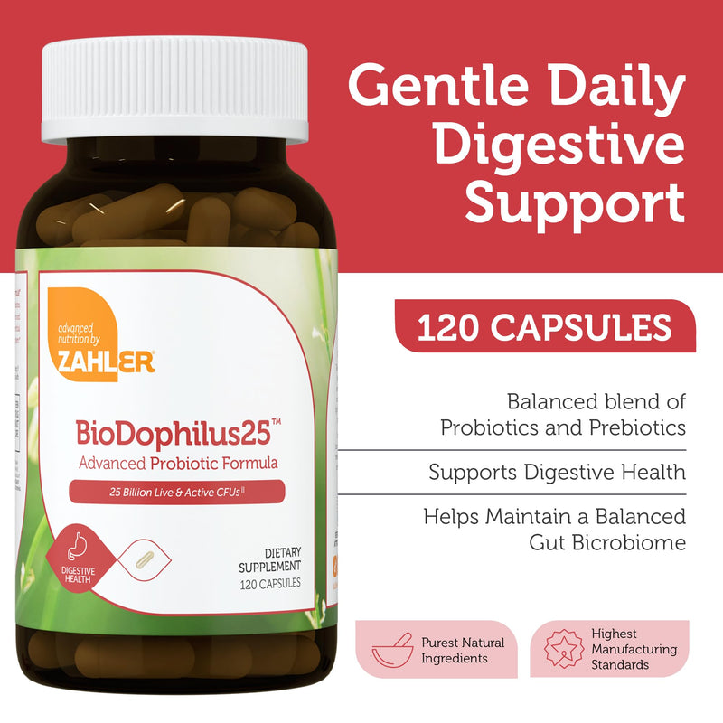 Zahler BioDophilus25, 25 Billion CFU Probiotic + Prebiotic - 11 Strains Daily Probiotic Supplement - Kosher Probiotics for Women for Digestive Health, Probiotics for Men for Gut Health (120 Capsules)