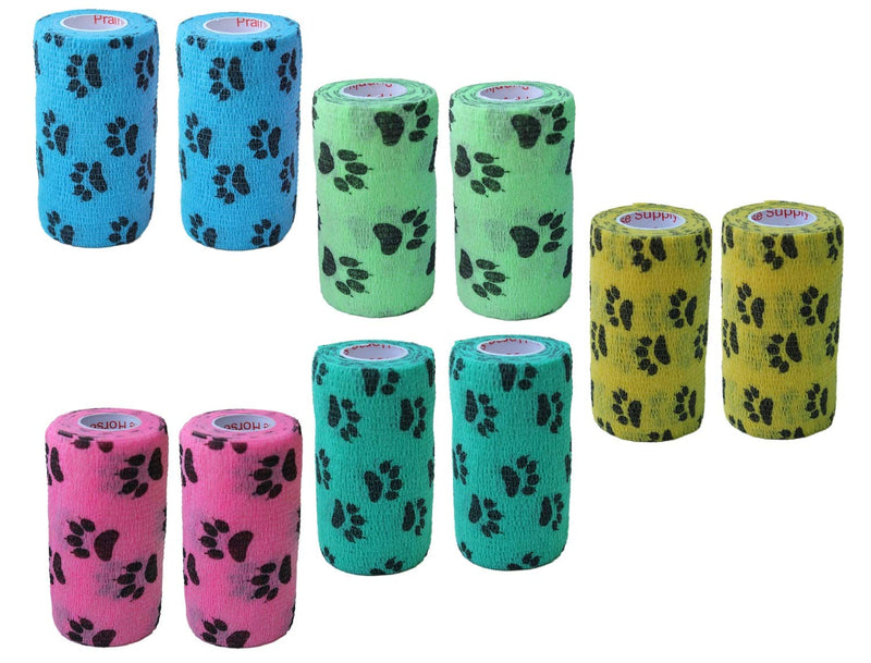 Prairie Horse Supply 4 Inch Vet Wrap Tape Bulk (Paw Prints Variety) (Pack of 12) Self Adhesive Adherent Adhering Flex Bandage Grip Roll for Dog Cat Pet 12 Rolls Paw Prints