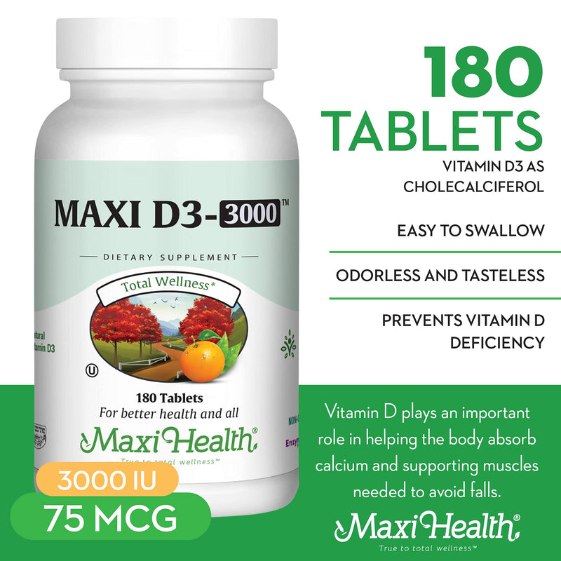 Maxi Health Vitamin D3 3000 IU 75 mcg Vitamin D Supplement for Healthy Bones, Teeth, Immune Support - VIT D3 Supplement Easy to Swallow Non-GMO, Supplement for Men and Women – Kosher (180 Tablets) | Kosher | Vitamin D Immune Support Supplement | Calciu...
