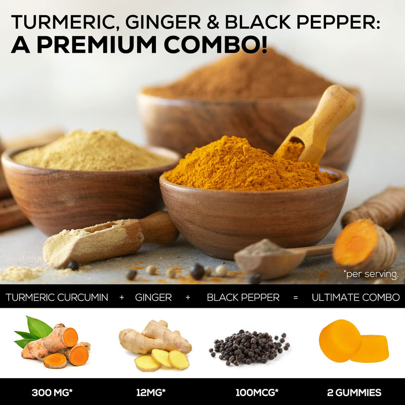 Turmeric Curcumin & Ginger Gummies 95% Curcuminoids with Black Pepper Extract for Max Absorption Joint Support, Nature's Tumeric Herbal Extract Supplement, Vegan Gummy Capsules, Non-GMO - 120 Gummies 120 Count (Pack of 1) - BeesActive Australia