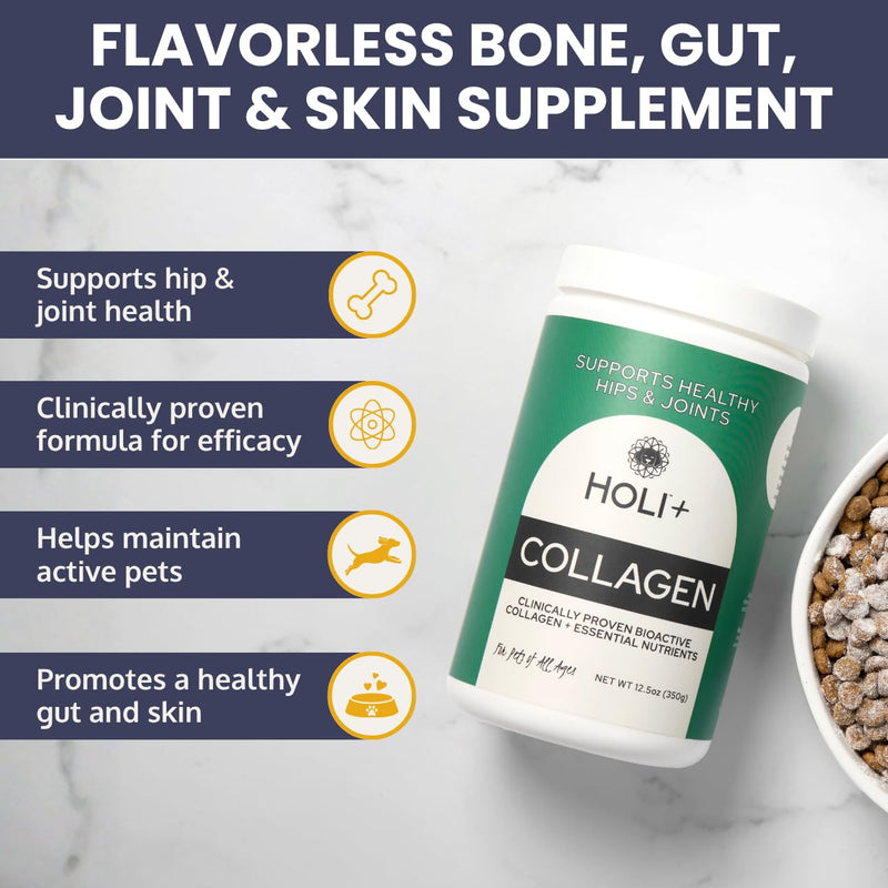 HOLI+ Collagen Supplement for Dogs - Hip and Joint Care Collagen Powder with Glucosamine and Hyaluronic Acid - Easy to Mix Functional Topper