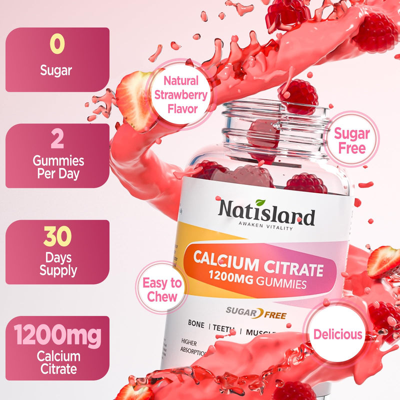 Calcium 1200 mg with Vitamin d3, K2, High Absorption Calcium Citrate with Vitamin D3, K2, Magnesium, Zinc, Potassium, Boron, Calcium Supplements for Women & Men, Sugar-Free, Vegan, 60 Gummies