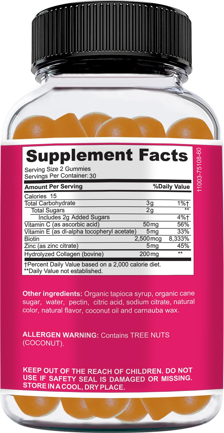 Collagen Gummies with Biotin 2500mcg - Hair Skin Nails & Joint Support - 60 Count (30 Servings) - Hydrolyzed Bovine Collagen with Vitamin C, E & Zinc - Gluten Free, Non-GMO - for Women & Men