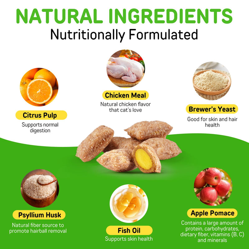 Hairball Cat Treats, Hairball Treatment with Psyllium Husk & Omega 3 for Cats, Digestive Health & Skin and Coat Support, Natural Soft Chews, Chicken Flavor for Picky Eaters, for Indoor Cats, Kittens &
