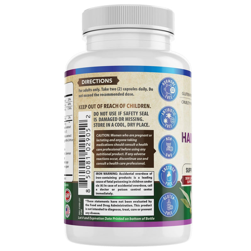 Healthy Hair Skin and Nails Supplement for Women & Men | Supports Skin Clarity, Hair Growth, and Nail Strength | Biotin 5000mcg | 60 Capsules | Made in The USA.
