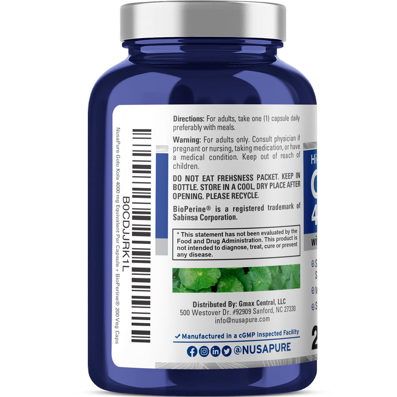 NusaPure Gotu Kola Capsules 20:1 Extract, 200 mg Equivalent to 4000mg Per Veggie Caps, 200 Count, Non-GMO, Vegan, Bioperine - Traditional Herb Extract - BeesActive Australia