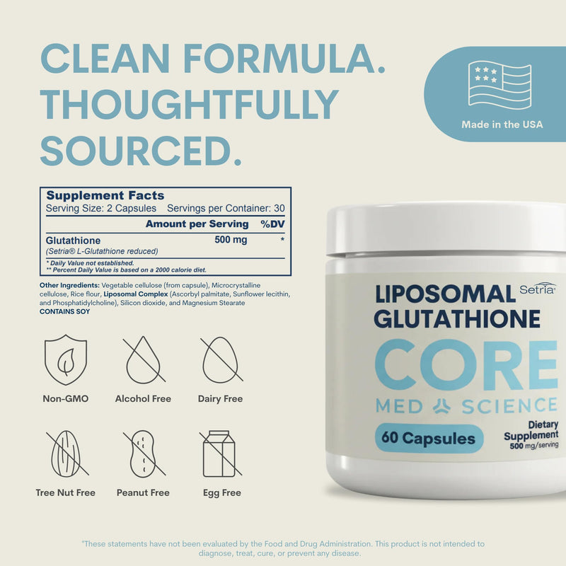 Core Med Science Liposomal Glutathione Setria (500mg, 60 Capsules) | Physician Developed High Absorption Antioxidant Support for Liver, Skin, & Immune Health - 60 Capsules, Non-GMO, Made in USA Capsule