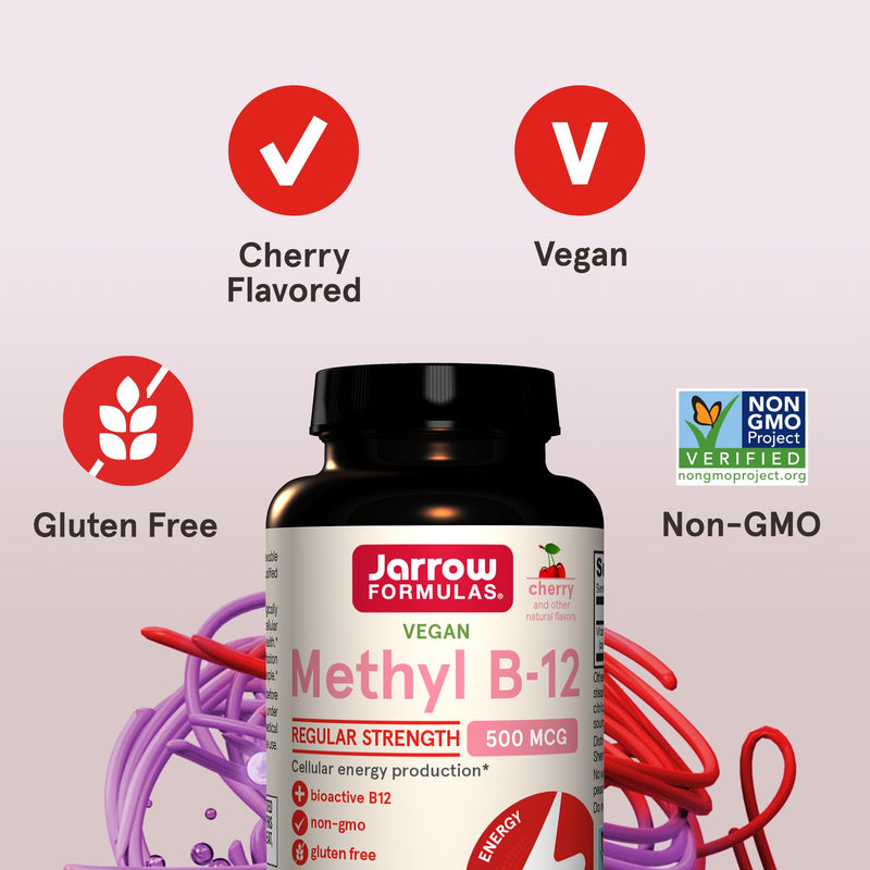Jarrow Methyl B-12 Chewable Tablets 500 mg, Vitamin B12 Supplements, 100 Ct | Dietary Supplement for Cellular Energy Production and Brain Health Support, Cherry Flavor Chewable Tablets, 100 Day Supply 100 Count (Pack of 1)