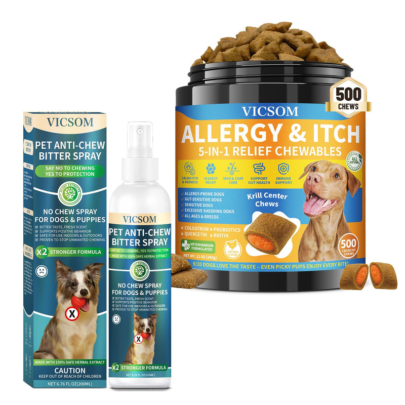 Dog Allergy Relief Chews + No Chew Spray for Dogs – Itch & Chew Control Bundle, Natural Skin & Coat Support Chews and Bitter Apple Spray to Prevent Chewing, Licking, Scratching – Indoor & Outdoor Care
