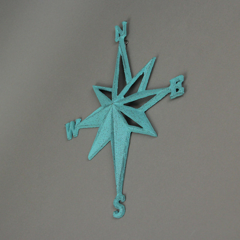 Turquoise Blue Cast Iron Compass Rose Wall Hanging Sculpture - Coastal Home Decor Art Piece - 13.5 Inches High Nautical Elegance for Indoor or Outdoor Spaces Turquoise