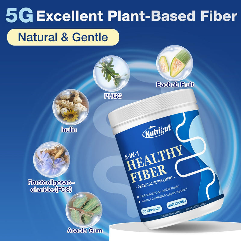 Fiber Powder Unflavored, 5g Soluble Fiber Supplement, 70 Servings | 5g Soluble Fiber with Acacia and Inulin for Daily Digestive Health and Regularity, Gluten Free, Sugar Free, Vegan 12 Ounce (Pack of 1)