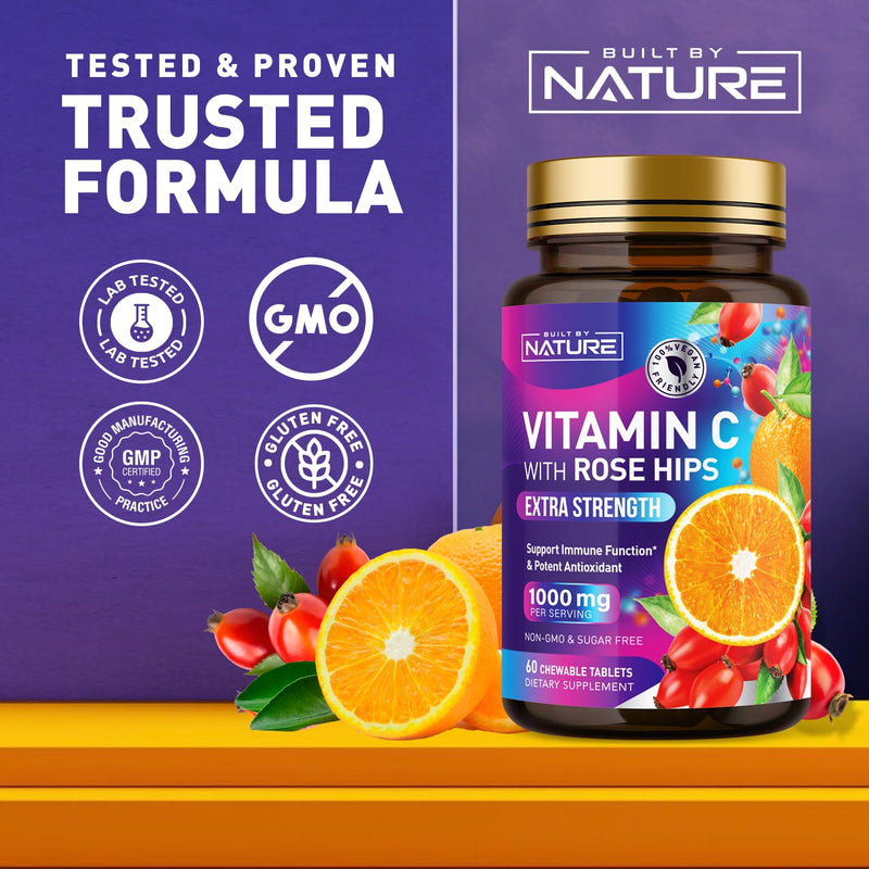 Built by Nature Chewable Vitamin C with Rose HIPS 1000mg 60 Tablets Orange Flavor, Non-GMO, Gluten-Free, Vegan, Immune Support & Antioxidant 60 Count (Pack of 1)