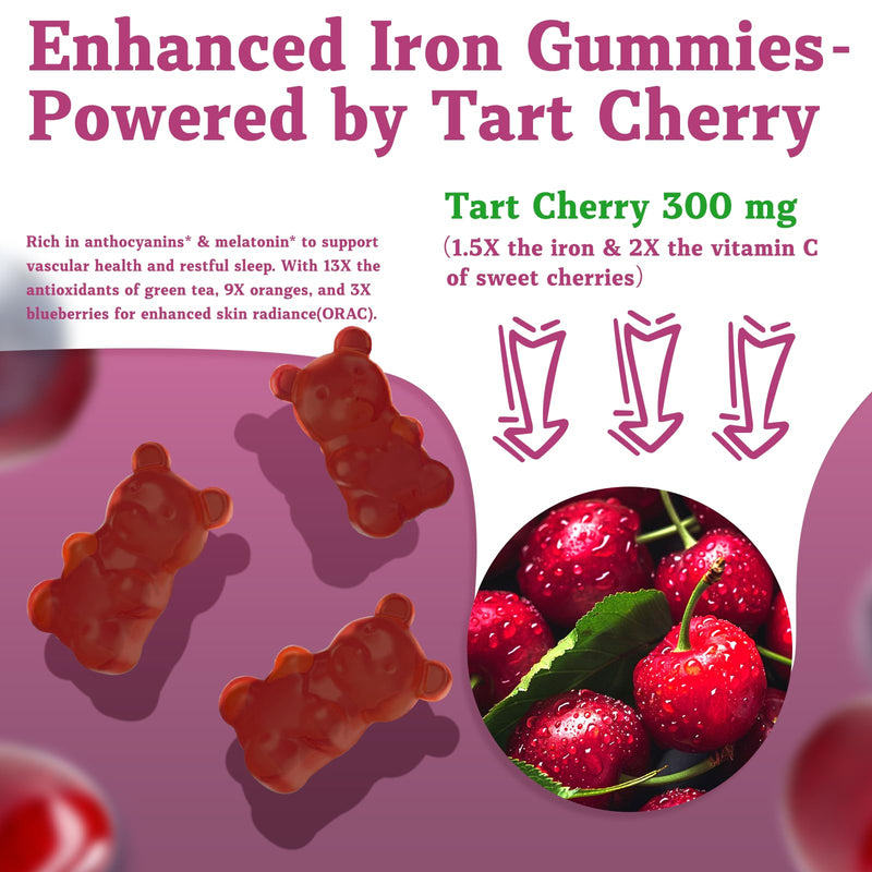 2 Pack Iron Gummies, Tart Cherry Iron Supplement for Women & Men | Iron with Vitamin C, Calcium, Zinc, Folate, B12 for Immune Support, Sugar Free, Vegan 120 Count (Pack of 1)