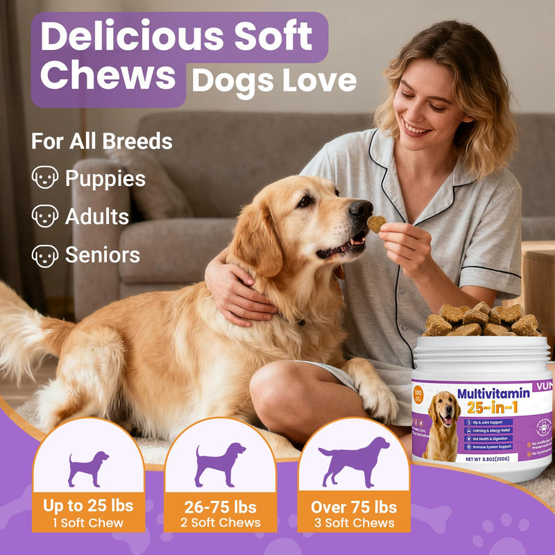 Dog Multivitamin 25 in 1 Dogs Vitamins Supplements Treats Chewable for Pet Omega-3 Glucosamine Vitamin for Puppy Supplies Skin Coat, Heart, Hips & Joints, Digestion & Immune System 100pcs