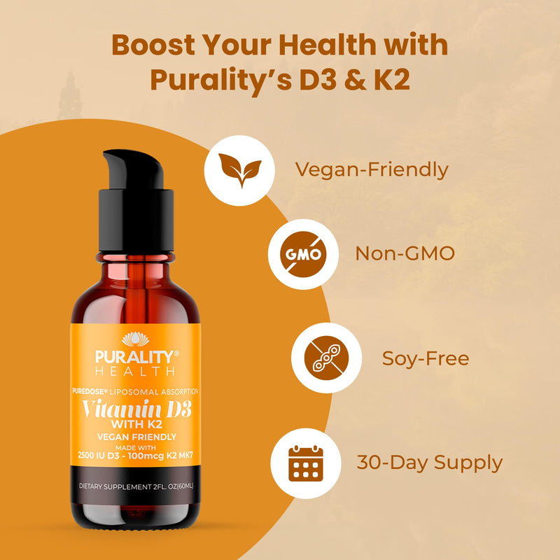 Purality Health Liposomal Vitamin D3, K2 Drops for Bone Strength - 2 Fl oz | Micelle Enhanced Absorption Liquid Technology | Immune & Heart Support | Vegan, Non-GMO, Gluten Free | 30 Days Supply