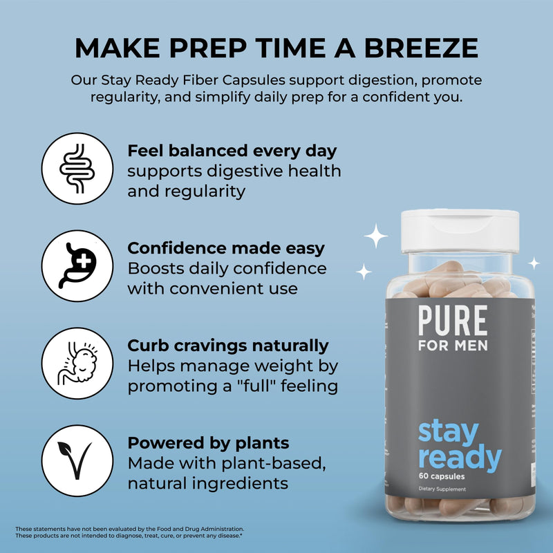 Pure for Men Stay Ready Fiber Supplement Psyllium Husk (240 Vegan Capsules) | Daily Fiber Pills for Men, Psyllium Husk, Aloe Vera, Chia & Flax, Digestive Regularity, Gut Health & Bloating Relief, Vegan 240 Count (Pack of 1)