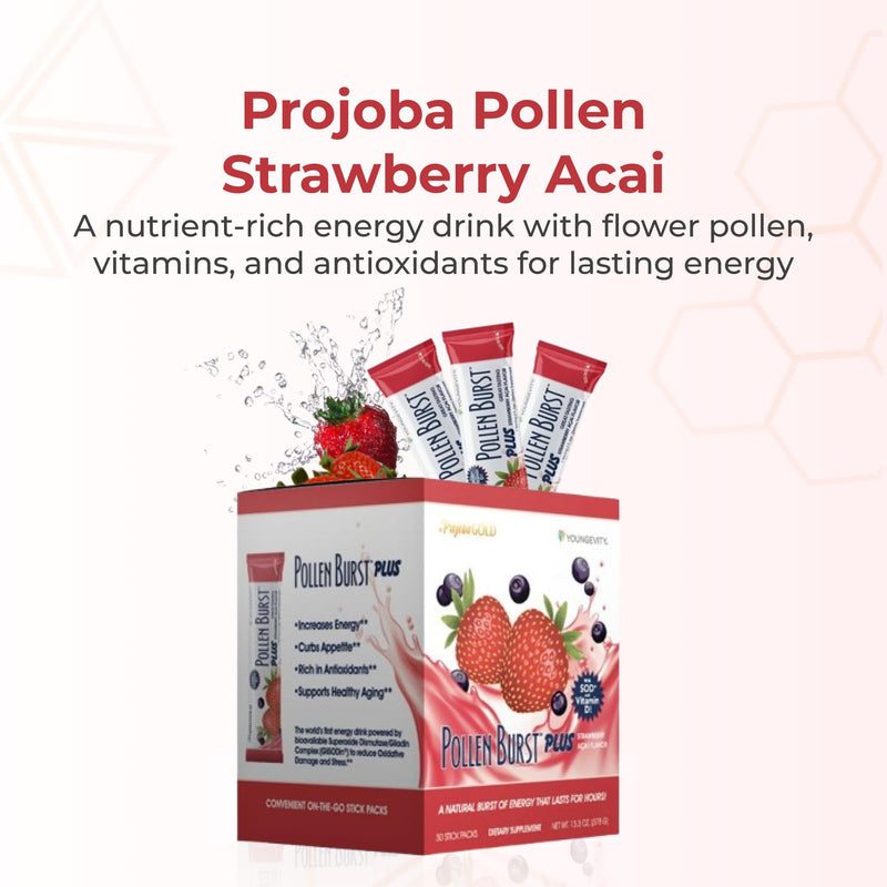 Youngevity Pollen Burst Strawberry Acai Energy Drink Mix, 30 Count Box | Flower pollen extract, SOD, green tea, natural caffeine, vitamins, minerals, energy support, mental clarity, strawberry acai