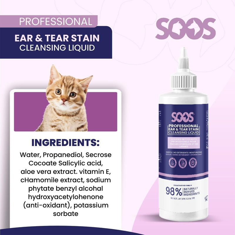 SOOS Pet Natural Ear and Eye Stain Cleansing Liquid for Dog & Cat - Cleaning Your Pets Ears and Eyes - 120ml