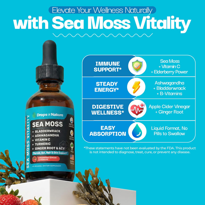 Drops Of Nature Sea Moss Vitality Drops - Strawberry Ginger Lemonade, 60 mL | 7-in-1 Vitality Blend with Seamoss, Ashwagandha, Vitamin C, Tumeric, Apple Cider Vinegar, Ginger & Bladderwrack, Vegan Drops