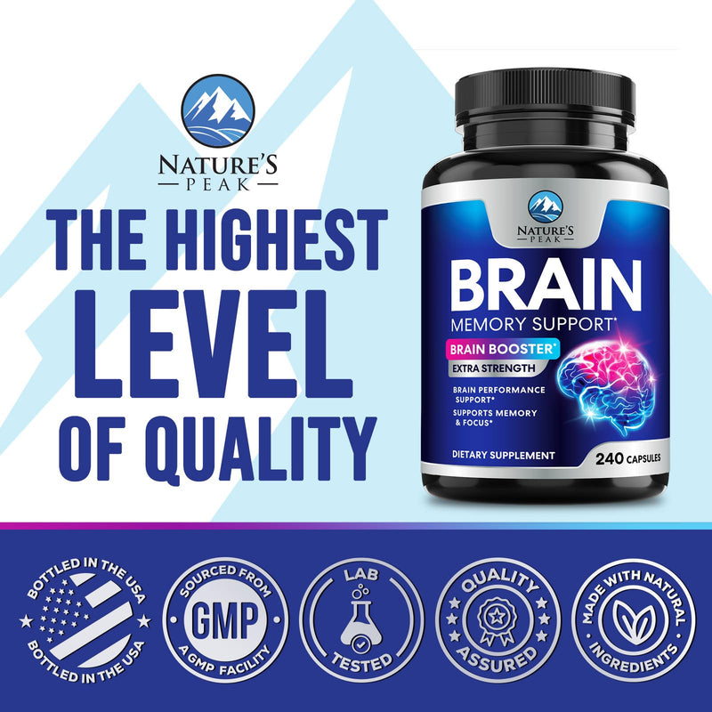 Brain Memory Supplement Pills - 3X Strength Nootropics for Concentration, Clarity & Focus Support - Brain Health Cognitive Vitamins B6 B12 with Folate & Phosphatidylserine, Brain Booster, 240 Capsules 240 Count (Pack of 1)