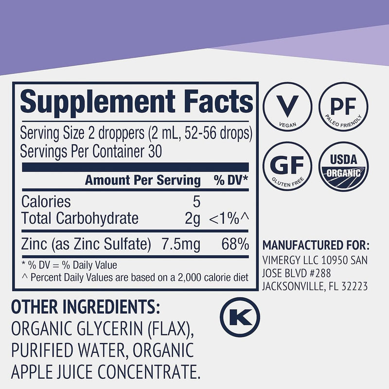Vimergy Organic Zinc Supplements for Women & Men (7.5mg Liquid Zinc Per Serving) Fast-Absorbing Immune Support, Promotes Healthy Bones & Skin, USDA Certified Organic, Vegan, Up to 27 Servings (55 mL)