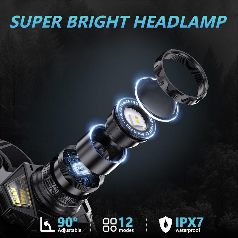 LED Headlamp Rechargeable，4000 Super Bright Head Lamp with 12 Modes & 90H Long Battery Life & Motion Sensor & IPX7 Waterproof,90° Adjustable Headlight for Outdoor Camping, Cycling, Hiking