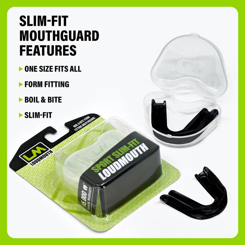 Loudmouth Sport Slim-Fit Boil & Bite Mouth Guard (2 Pack) Plus Mouthguard Case, Advanced Protection for All Contact Sports (Black) - BeesActive Australia