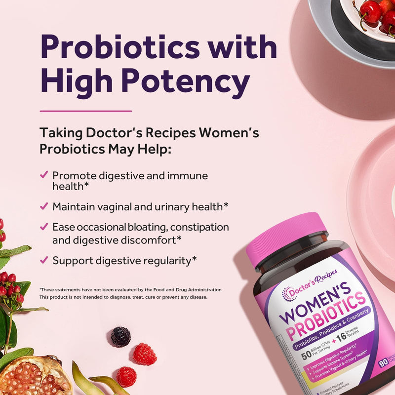 Doctor's Recipes Women's Probiotic, 90 Caps 50 Billion CFU 16 Strains, with Organic Cranberry, Digestive Immune Vaginal & Urinary Health, Shelf Stable, Delayed Release, No Soy Gluten Dairy 90 Count (Pack of 1)