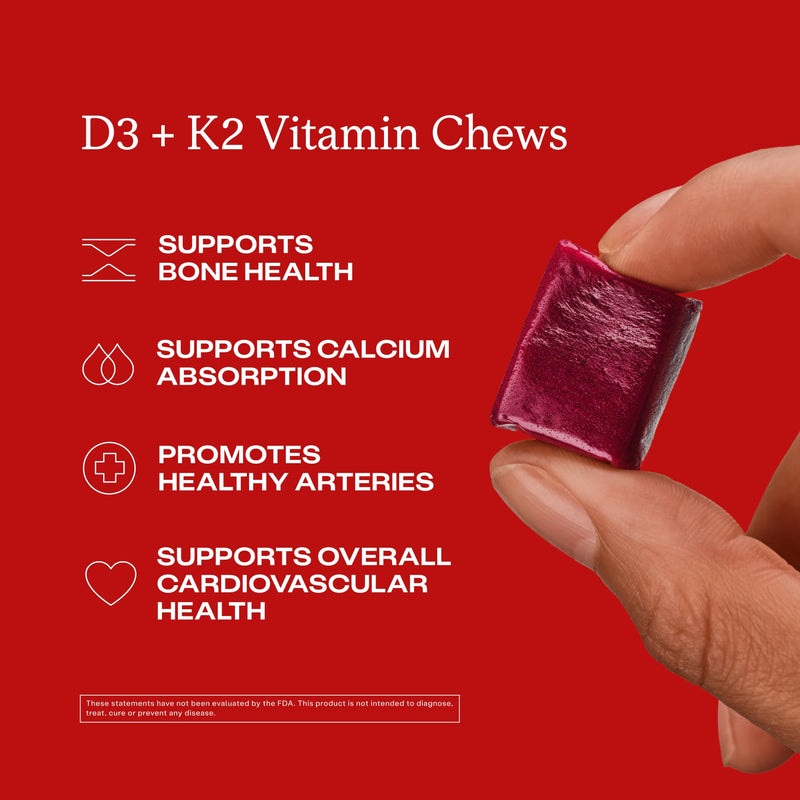 HumanN Vitamin D3 + K2 Chews, Mixed Berry Flavor, 30 Count | Arterial Health, Bone Strength, High Potency Vitamin D 5000 IU (125mcg), Non-GMO, One Chew Daily, For Adults, Made in USA 30 Count (Pack of 1)