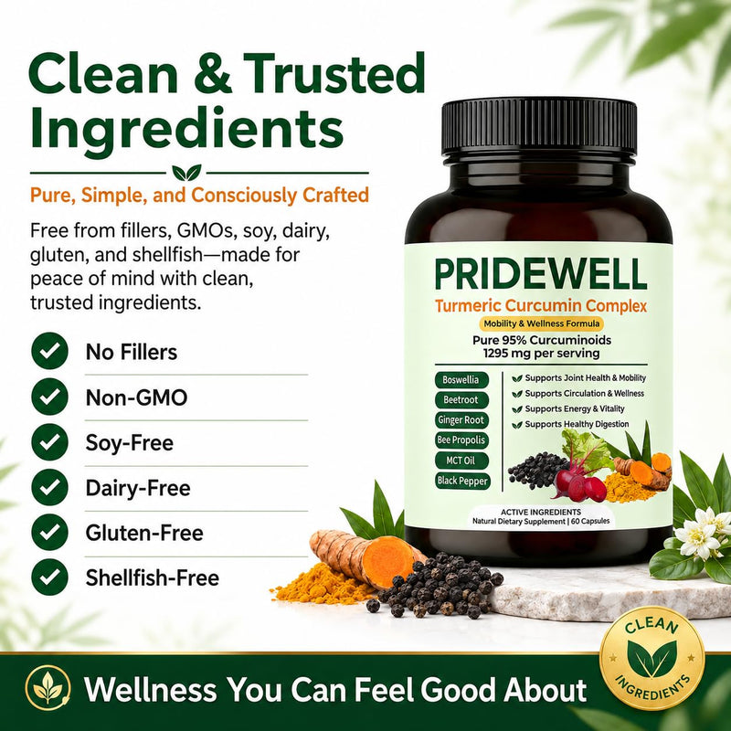 PRIDEWELL Powerful Natural Turmeric Curcumin Capsules | (1,295 MG) 95% Curcuminoids with Bee Propolis, Ginger, MCT Oil, Fat-Soluble Vitamin C, Beetroot & Black Pepper | 60 Capsules