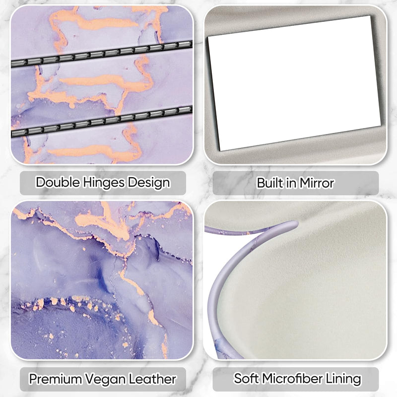 Fintie 2 in 1 Contact Lens Case and Eyeglasses Case, Double Sided Portable Eyeglasses Travel Holder with Built-in Mirror, Tweezer and Contact Lens Solution Bottle Included Lilac Marble