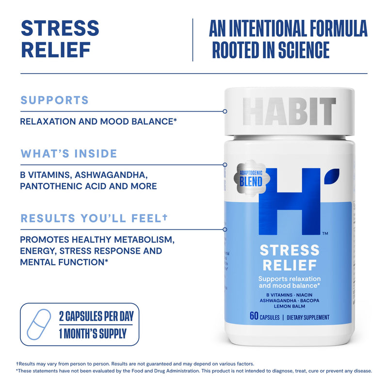 Habit Stress Relief Supplement (60 Capsules) - New Look, Supports Relaxation & Mood Balance, Vitamin B, Adaptogens, Lemon Balm, Calming, Vegan, Non-GMO (1 Pack) 1 Pack