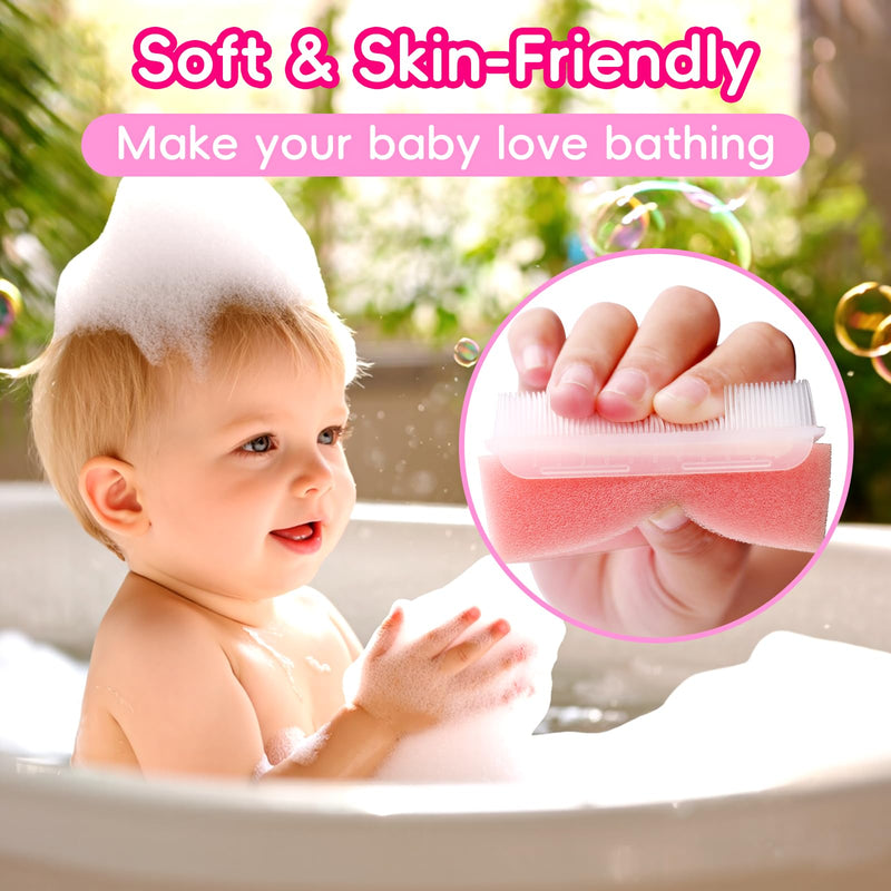 Cradle Cap Brush for Babies, Set of 5 Baby Bath Essentials with Bath Sponge Silicone Scrubber Long Handle Comb for Newborns Toddlers Boys Girls (Pink) Pink Brush+long Comb